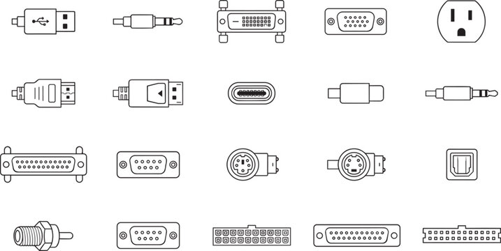 Computer cable connectors and hardware port icons including usb hdmi vga audio jack dvi power and serial plugs.eps