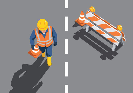 Isometric illustration of a road worker holding a traffic cone on a street with construction barriers and lane markings
