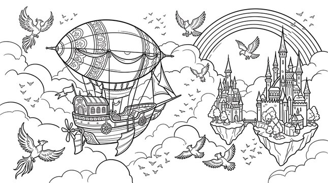Detailed coloring page for adults featuring a steampunk airship flying near floating islands with castles and phoenix birds in the clouds