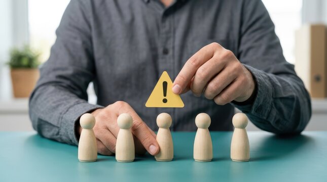 Businessman placing exclamation warning sign over wooden figures conceptualizing risk management human resources evaluation and error identification