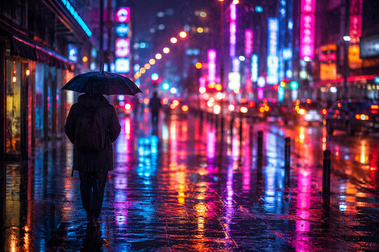 Person Walking with Umbrella on Rainy City Street at Night