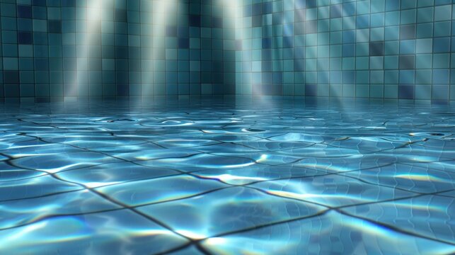 Sunlight Rays Reflected on Clear Water Surface with Tile Background in an Indoor Pool Environment