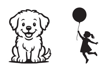 Obraz premium cartoon dog and girl silhouette holding balloon