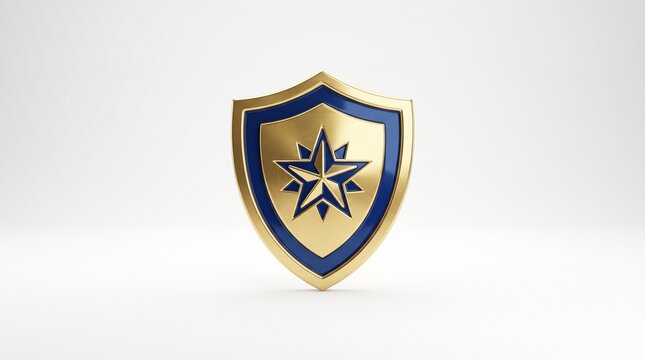 A metallic gold and blue shield icon with a star symbol isolated on white background.