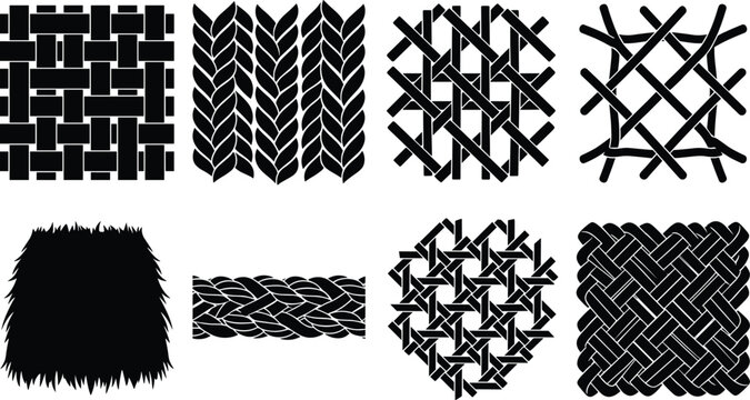 Woven Fabric Basket Weave and Braid Pattern Silhouettes Vector Set Isolated on White