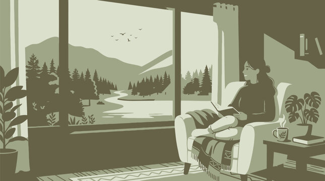 Person reading by window overlooking nature scene