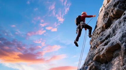 Obraz premium Adventurous Climber Scaling Rocky Cliff Under Vibrant Sunset Sky with Clouds and Warm Colors