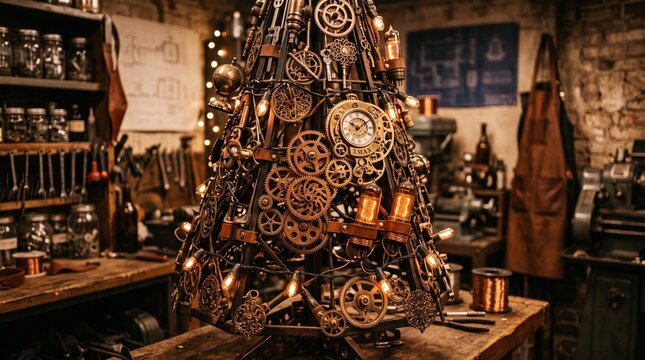 Steampunk Christmas Tree Crafted from Mechanical Gears and Cogs in a Vintage Workshop