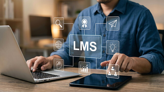 Man using laptop with digital learning management system LMS interface graphic
