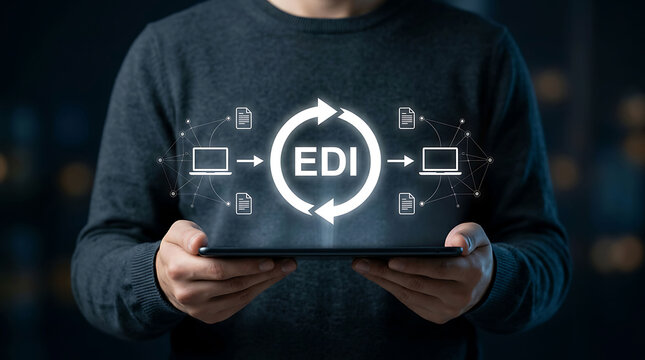 Businessman holding tablet showing EDI electronic data interchange process flow