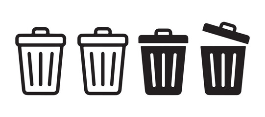 Trash cans in various styles represent waste management and disposal in clean environments. © Unique