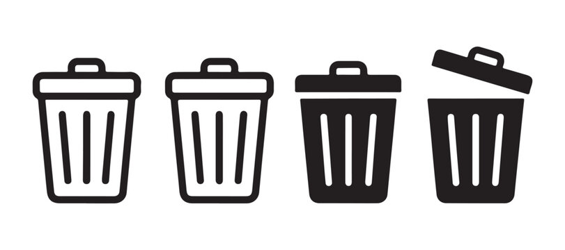 Trash cans in various styles represent waste management and disposal in clean environments.