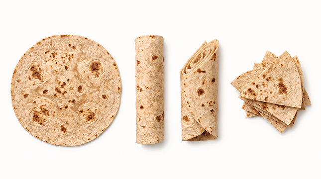 Whole wheat flatbreads and rolled tortilla in a clean studio setting isolated on white background