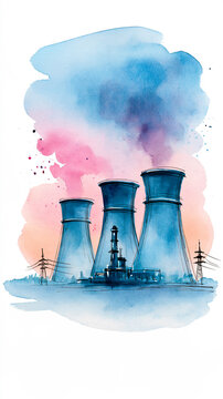 Industrial cooling towers releasing colorful smoke, depicted in a watercolor style with shades of blue, pink, and purple.