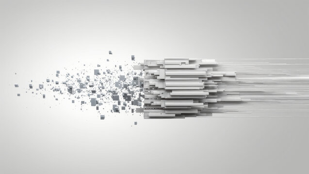 Digital data transformation with fragmented pixel blocks flowing into layered structure, illustrating complex signals becoming organized
