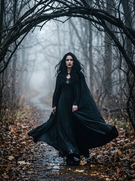 A woman in a black gown stands on a forest path. A pentagram pendant and sweeping cape define her gothic appearance. Dark fantasy fashion evokes mystery and Halloween storytelling.