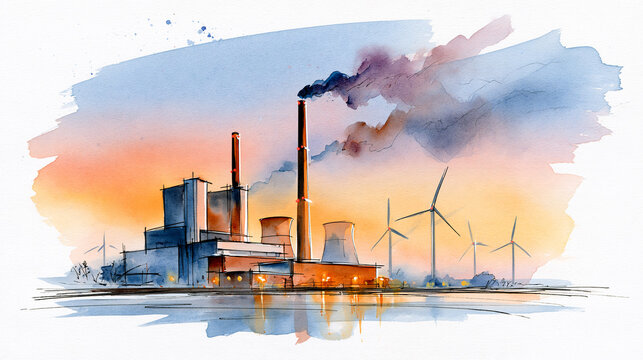 A watercolor painting of an industrial factory emitting smoke with wind turbines in the background at sunset.