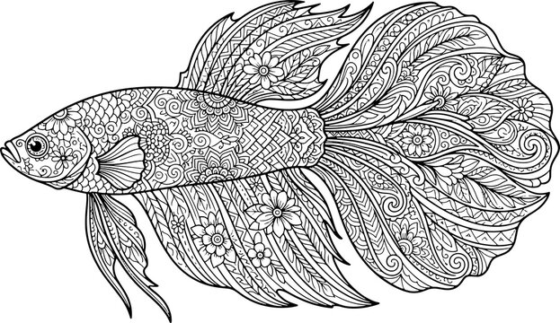 Detailed Siamese fighting fish mandala coloring page for adults