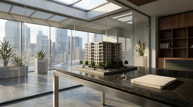 Un agente immobiliare lavora con il modellino di un nuovo complesso residenziale in un ufficio moderno con vista citt&agrave;