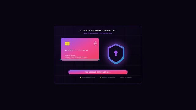 Crypto Payment Interface Showing Successful Secure Transaction with Digital Card and Shield Icon