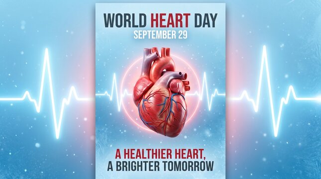 An anatomical heart is displayed with an electrocardiogram waveform. Blue and red vessels visibly cover the organ. World Heart Day promotes worldwide heart health awareness and prevention.