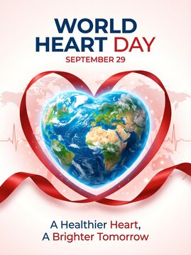 A globe rests inside a red heart ribbon under World Heart Day text. An electrocardiogram line crosses the pale world map. Heart health awareness promotes prevention and a healthier future.