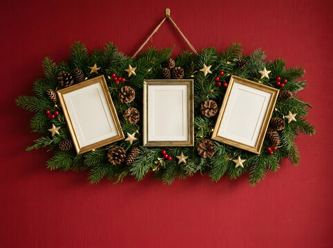 Beautiful christmas background featuring a festive christmas frame with pine branches red berries christmas ornaments and photo frame copy space