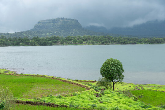 Stunning landscape or waterscape, backwater of wilson dam at Bhandardara, Maharashtra, India.