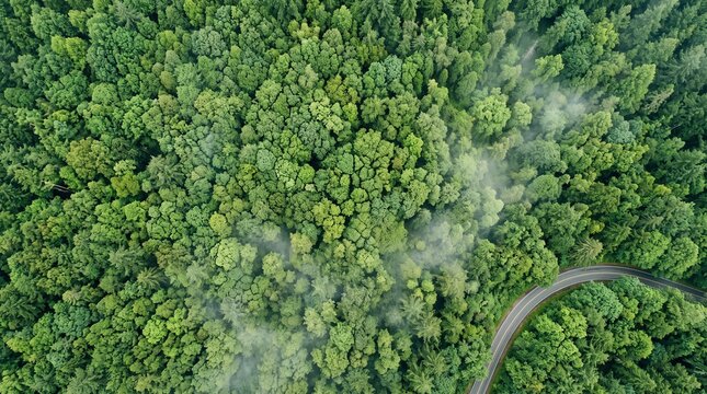 An aerial view shows a winding road crossing a dense forest canopy. Wisps of mist drift between the treetops. Forest conservation and sustainable travel meet in a green natural landscape.