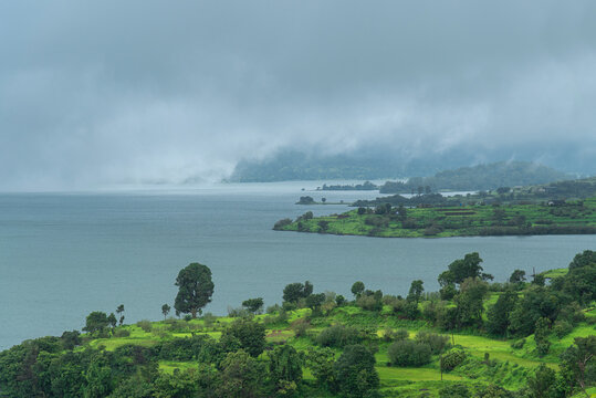 Stunning landscape or waterscape, backwater of wilson dam at Bhandardara, Maharashtra, India.