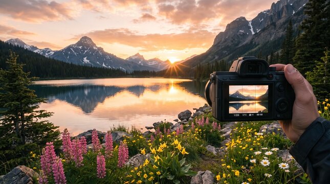 A person photographs a mountain lake at sunset. Snowy peaks reflect in the water beside alpine flowers. Landscape photography celebrates outdoor adventure and natural beauty.