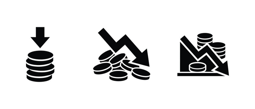 Financial decline illustrated with falling coins and downward trending stock chart icons