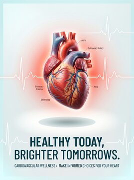 An anatomical human heart floats in a medical illustration. Its chambers and major vessels are clearly labeled. The design promotes cardiovascular wellness and informed heart-health choices.
