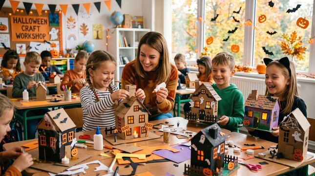 An adult woman guides children making haunted houses. Each model has ghost decorations and glowing windows. Halloween craftwork teaches teamwork and creative learning together.