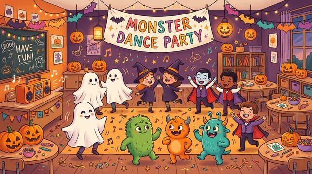 Children and friendly monsters dance at a Halloween party. A large party banner hangs above the gathering. Seasonal celebration illustration for a party invitation and family fun.