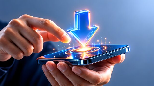 Hands holding a smartphone with a glowing blue downward arrow above the screen. Concept of digital data download and modern mobile software update.