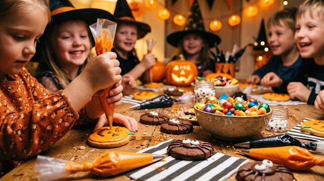 Children decorate Halloween cookies together. A child squeezes orange icing from a piping bag onto a pumpkin cookie. The festive activity celebrates holiday creativity and togetherness.