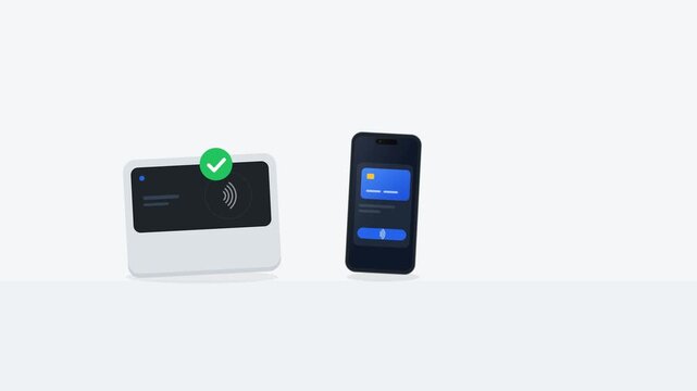 Modern contactless mobile payment animation showing a smartphone approaching a payment terminal, establishing NFC communication, and completing a successful digital transaction