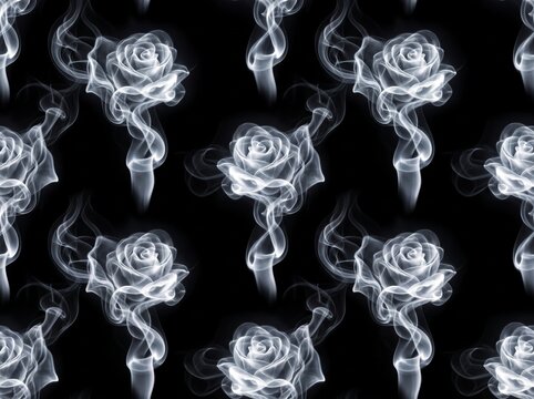 Seamless pattern of white smoke rose flowers on black background