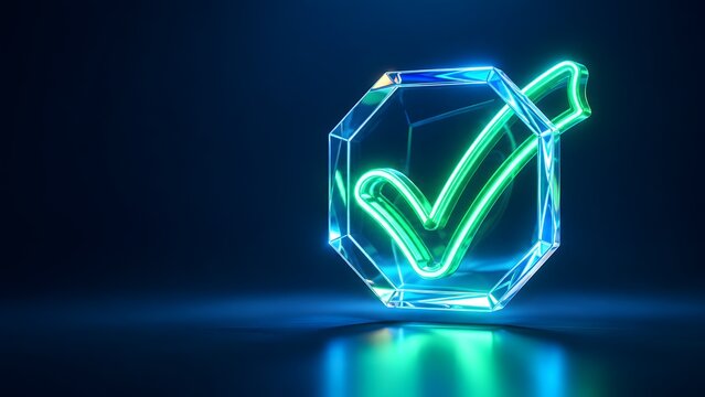 Glowing neon green checkmark inside a transparent glass octagon on a dark blue background. Concept of digital verification and quality control.
