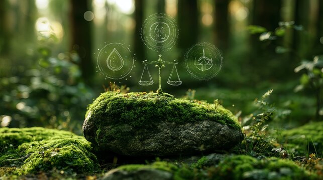 Glowing mystical symbols hovering above a mossy rock, nestled within a lush green forest, representing nature's magic