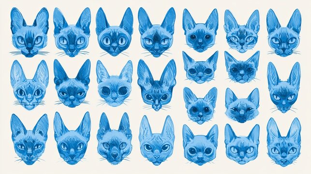 Multiple Sphynx cat heads displayed across a patterned background, artistic concept representing feline diversity and unique charm