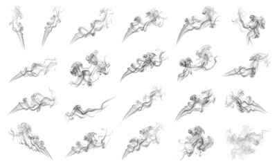 Fototapeta premium Smoke collection of thin flowing wisps drifting in various directions isolated on a transparent background for creative design projects.