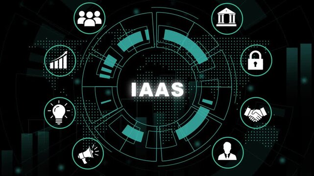 Dynamic iaas infrastructure as a service concept featuring animated digital hud interface with global business network connectivity, cloud computing technology, and modern data analytics visualization