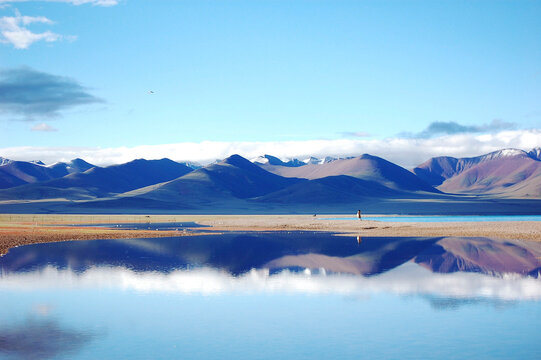 Serene lake with mountain reflection under clear sky