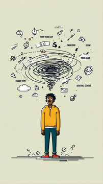 Man overwhelmed by swirling tornado of thoughts and tasks, flat vector illustration