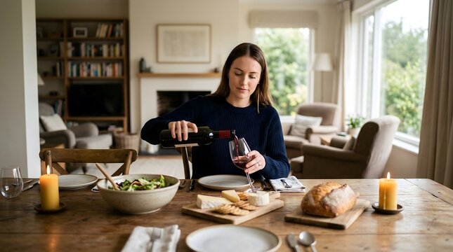 Beautiful Woman Pouring Red Wine During Dinner at Home