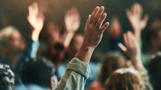 Raised hands signal enthusiastic approval within a crowded auditorium, creating a sense of unity and shared emotion