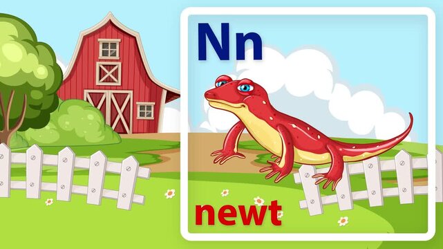 Educational Alphabet Animation Featuring Letter N and a Red Newt