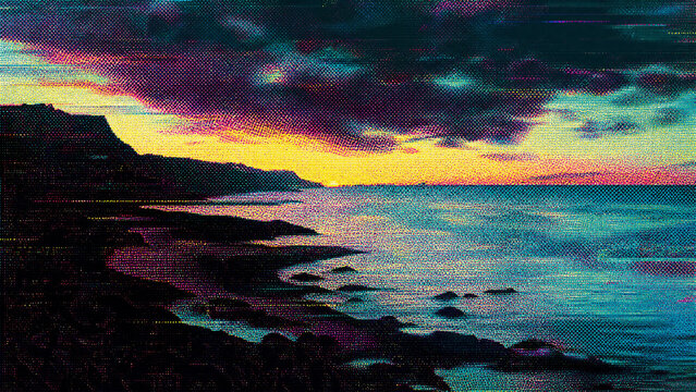 Abstract Halftone Landscape With Dithered Horizon And CMYK Dots Evoking Coastal Scene Under Moody Sky With Glitch Noise